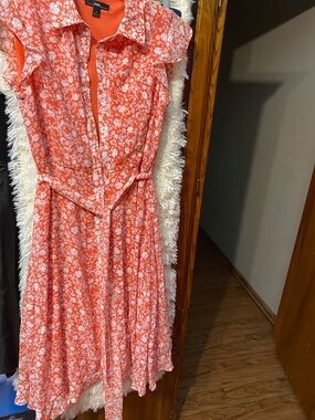 R&K Women’s Ruffle Sleeve Button-Down Coral/White Fully Lined Maxi Dress. Size.4